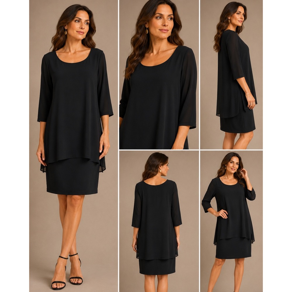 Joseph Ribkoff Womens Tunic Dress Sz 8 Solid Black Layered Long Sleeve